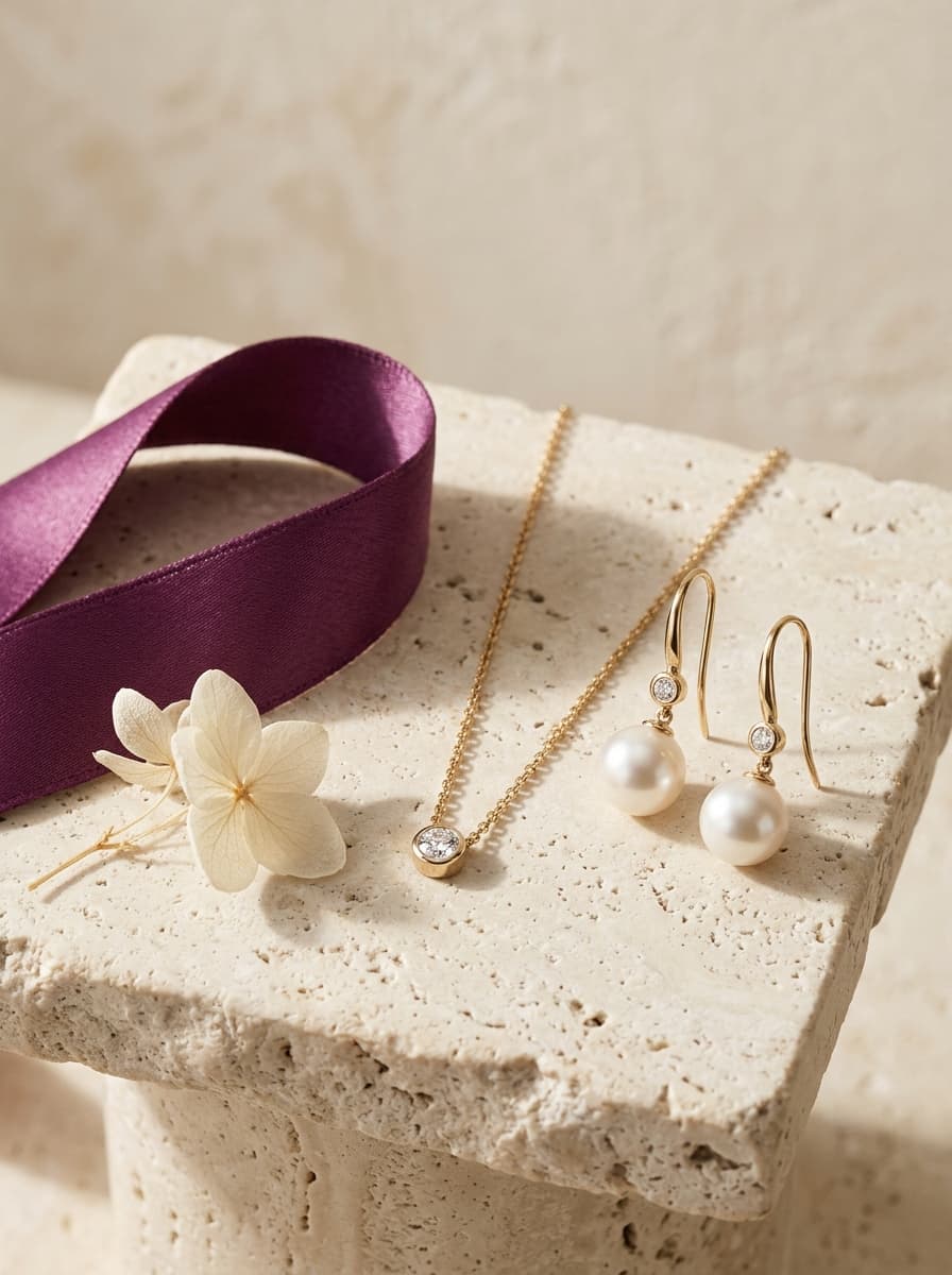KRYSN gold pendant and pearl earrings on travertine